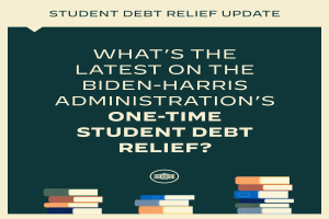 Ein Plakat mit der Überschrift "Was gibt es Neues zum einmaligen Schuldenentlastungsprogramm der Biden-Harris-Regierung?" oben und Büchern unten.