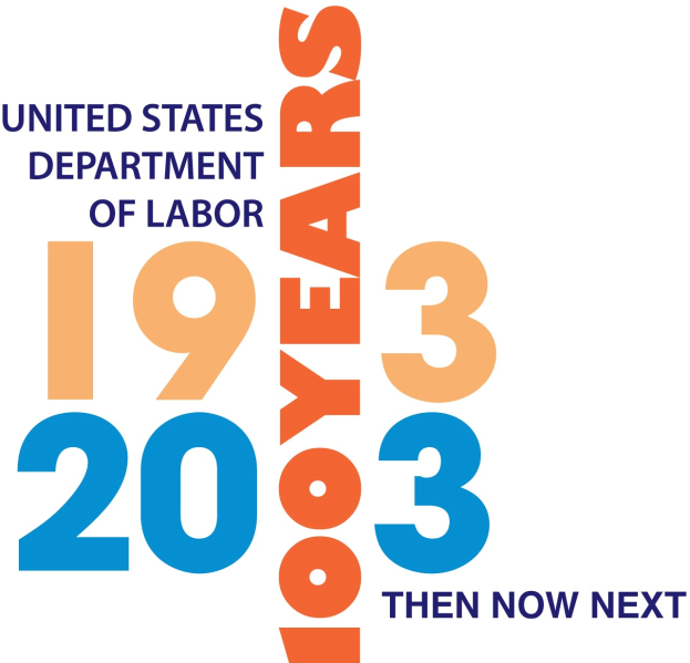 Das Logo des United States Department of Labor mit einem blauen Kreis mit einem weißen Stern, einem weißen Rand und dem Text "1933 then now next" in fetter schwarzer Schrift darunter.