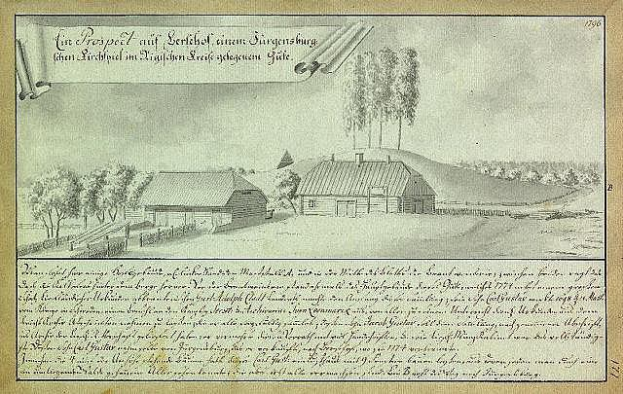 Schwarz-weiß-Illustration einer Farm in Surgensburg, Deutschland, mit umliegenden Häusern, Bäumen und Himmel, beschriftet mit "Surgensburg, Deutschland - Landschaft einer Farm" auf altem Papier.