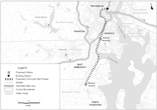 Schwarze und weiße Karte einer Stadt mit einem Fluss, beschriftet mit "Vorgeschlagenes S-Bahn-Projekt" auf der linken Seite, zeigend Straßen, Autobahnen und Stadtmerkmale.