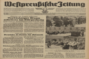 Alte deutsche Zeitungsvorderseite vom 13. November 1939 mit der Schlagzeile "Weitpreubliche Zeitung" und einem Foto von Menschen in traditioneller deutscher Tracht.