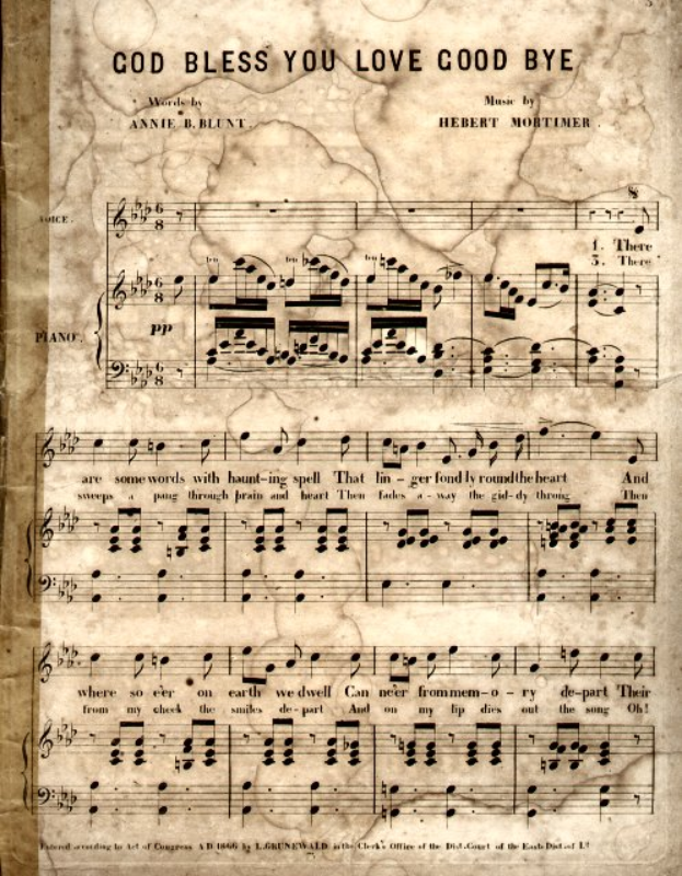Ein altes Notenblatt mit dem Titel 'God Bless You Love Good Bye' mit musikalischen Noten und Symbolen, die die Melodie und den Rhythmus des Liedes angeben.