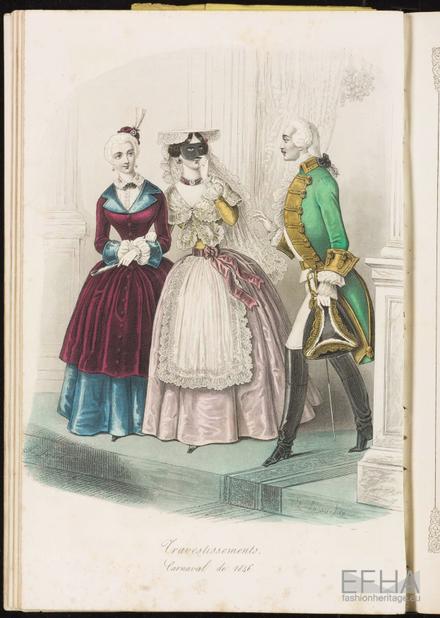 Ein aufgeschlagenes Buch mit dem Titel "Cravestissements, Carnival de 1781", das eine Zeichnung von drei Frauen in farbenfrohen, detaillierten Kleidern und einem Mann in einem grünen Anzug zeigt, wahrscheinlich aus dem 18. Jahrhundert.