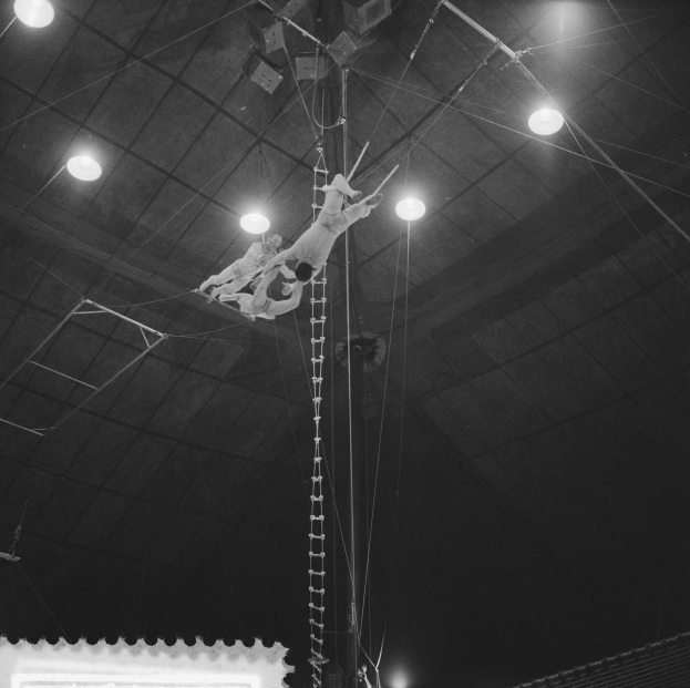 Zwei Akrobaten auf einem Trapez in einem Zirkus, mit Zuschauern unten und Deckenlampen