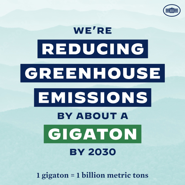 Ein Plakat mit Text und einem Logo, auf dem steht: "Wir reduzieren die Treibhausgasemissionen bis 2030 um etwa eine Gigatonne."