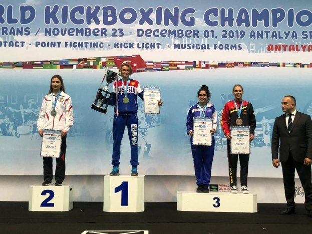 Fünf Personen auf einem Podium mit Trophäen und Urkunden, im Hintergrund ein Banner "World Kickboxing Championship Antalya 2019"