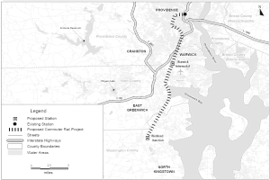 Schwarz-weiß-Karte einer Stadt mit einem Fluss, beschriftet mit "Vorgeschlagenes Nahverkehrsbahnprojekt", zeigt Straßen, Autobahnen und Stadtmerkmale.