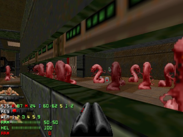 Ein Screenshot aus *Doom II*, der mehrere animierte Zombies in einem Raum zeigt, eine Waffe unten und Spielstatistiken links.