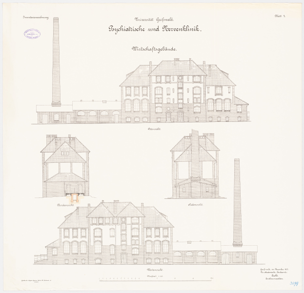 Eine Zeichnung eines mehrfenstrigen Gebäudes mit einem Schornstein, das mutmaßlich ein Psychiatriekrankenhaus in Deutschland ist, mit Text, der weitere Informationen liefert.
