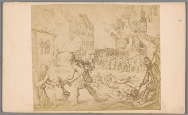 Eine Zeichnung einer Gruppe von Menschen in einer Stadt, einige halten Fahnen, andere liegen am Boden, mit Gebäuden im Hintergrund, die einen Kampf darstellen, bei dem eine Person ein Schwert und eine andere einen Schild hält.