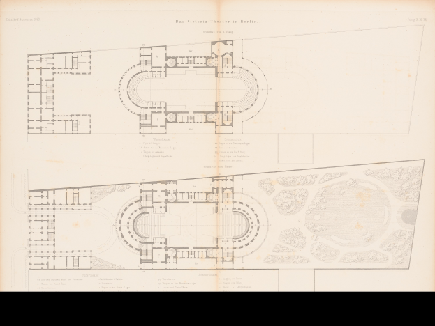 Ein detailliertes Grundriss-Zeichnung des Victoria Theaters in Berlin, das den Aufbau von Räumen, Fluren und anderen Merkmalen zeigt.