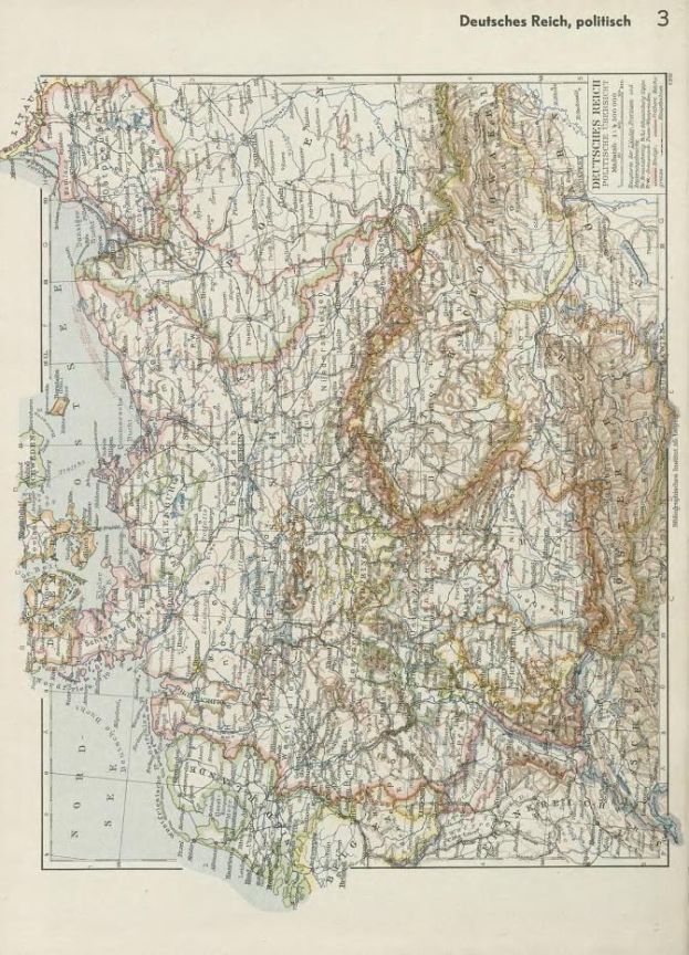 Alte 19. Jahrhundert-Karte von Deutschland, die ihre politischen Teilungen zeigt, auf Papier mit Text oben und unten gedruckt.
