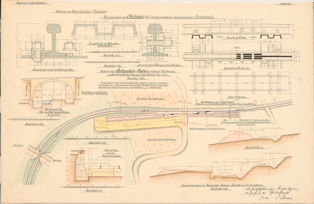Ein detailliertes Bild einer Eisenbahnschiene und eines Eisenbahnnetzplans auf den Seiten eines alten Buches.