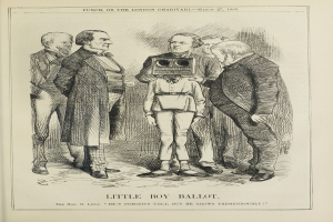 Kind steht in der Mitte eines Papiers, das eine Kamera hält, umgeben von einer Gruppe von Menschen, mit dem Text 'Kleiner Junge Stimmzettel' unten.