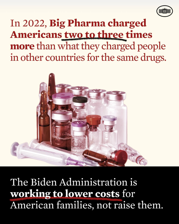 Plakat mit Text, der besagt, dass Big Pharma 2022 Amerikaner zwei bis drei Mal so viel für dieselben Medikamente berechnet hat wie andere Länder, begleitet von Flaschen und einer Spritze.