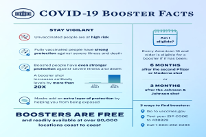 Ein Plakat mit Fakten zu Covid-19-Booster, einschließlich Statistiken, Virusinformationen und einer Grafik einer Person mit Mund-Nasen-Schutz.