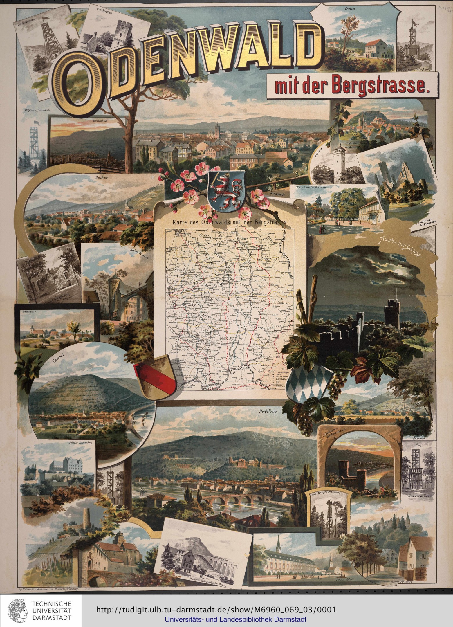 Eine bunte Posterkarte von Odendwald, Deutschland, die Sehenswürdigkeiten, Gebäude, Bäume und beschriftete Punkte von Interesse hervorhebt.