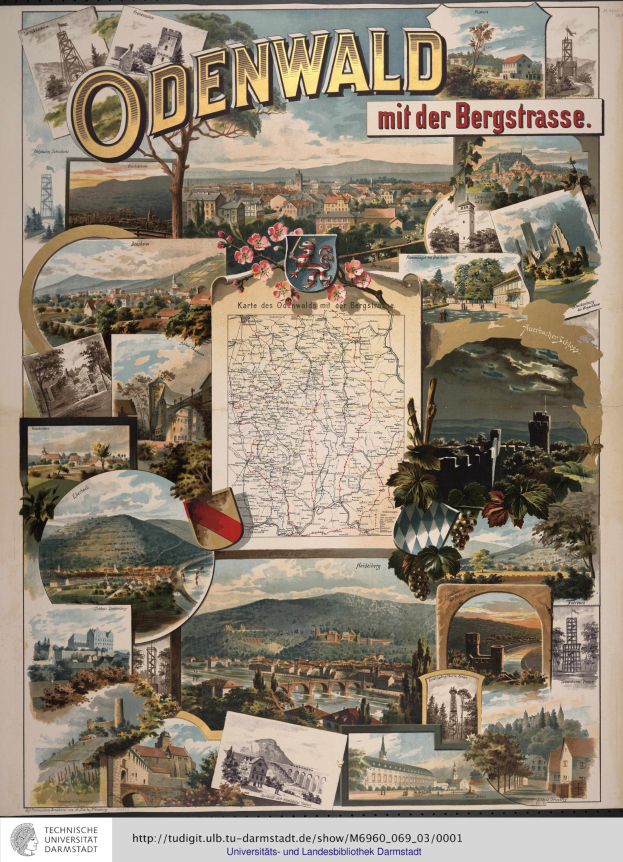 Eine bunte Posterkarte von Odendwald, Deutschland, die Sehenswürdigkeiten, Gebäude, Bäume und beschriftete Punkte von Interesse hervorhebt.