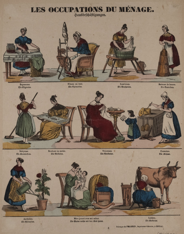 Ein Plakat aus dem 19. Jahrhundert, das genderbasierte Berufsrollen zeigt, mit sitzenden und stehenden Figuren sowie häuslichen und landwirtschaftlichen Elementen sowie begleitendem Text.