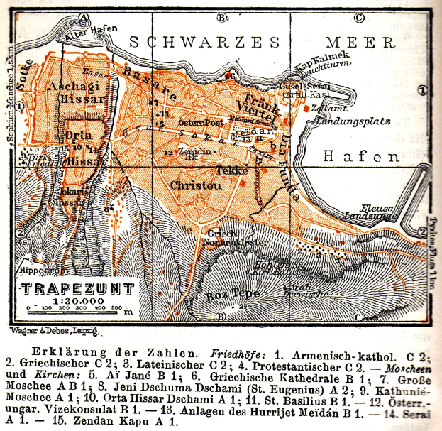 Ein detailliertes altes Stadtplan von Trapezunt, Deutschland, das Straßen, Gebäude, Sehenswürdigkeiten und Text mit Informationen über die Bevölkerung, Straßen und Sehenswürdigkeiten zeigt.