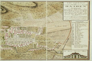 Ein detaillierter alter Stadtplan von Baden-Württemberg, Deutschland, der Straßen, Gebäude und Sehenswürdigkeiten zeigt, mit Text, der städtische Informationen und ein Gebäude im rechten unteren Eck bereitstellt.