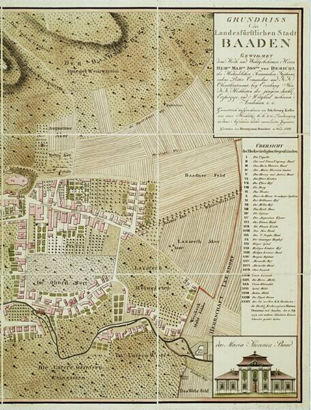 Ein detaillierter alter Stadtplan von Baden-Württemberg, Deutschland, der Straßen, Gebäude und Sehenswürdigkeiten zeigt, mit Text, der städtische Informationen und ein Gebäude im rechten unteren Eck bereitstellt.