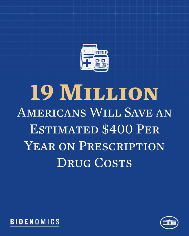 Ein blauer Hintergrund mit weißer Schrift und einem Logo, das "19 Millionen Amerikaner sparen geschätzte 400 USD pro Jahr an Arzneimittelkosten" lautet.