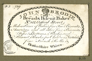 Eine alte Visitenkarte mit einem Bild von John Brodie Bread & Biscuit Baker und einer Beschreibung der Angebote des Bäckereigeschäfts