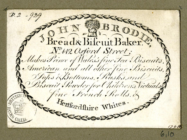 Eine alte Visitenkarte mit einem Bild von John Brodie Bread & Biscuit Baker und einer Beschreibung der Angebote des Bäckereigeschäfts