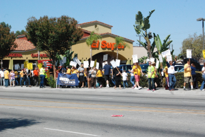 Eine Gruppe von Menschen mit Schildern, die auf einer Demonstration oder Protestkundgebung marschieren, mit Bäumen, Büschen, einer Fahne, einem Gebäude mit Namensschildern und Autos im Hintergrund, möglicherweise in der Nähe einer Wahllokal.