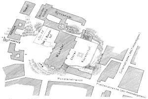 Schwarzes und weißes Stadtgrundrisskartemap von Münsterstrasse, das Straßen, Gebäude und andere Merkmale zeigt.