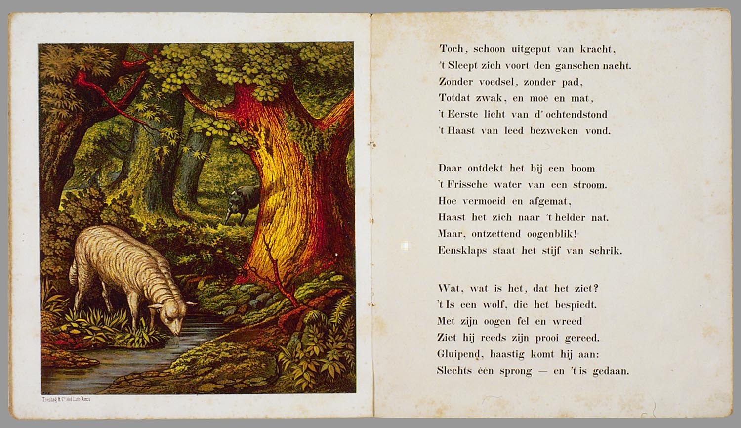 Offenes Buch mit einer Illustration eines Schafes, das in einem bewaldeten Gebiet mit Bäumen, Pflanzen und Wasser grast, begleitet von einem Text mit der überschrift "Die Geschichte des Schafes" auf der rechten Seite.