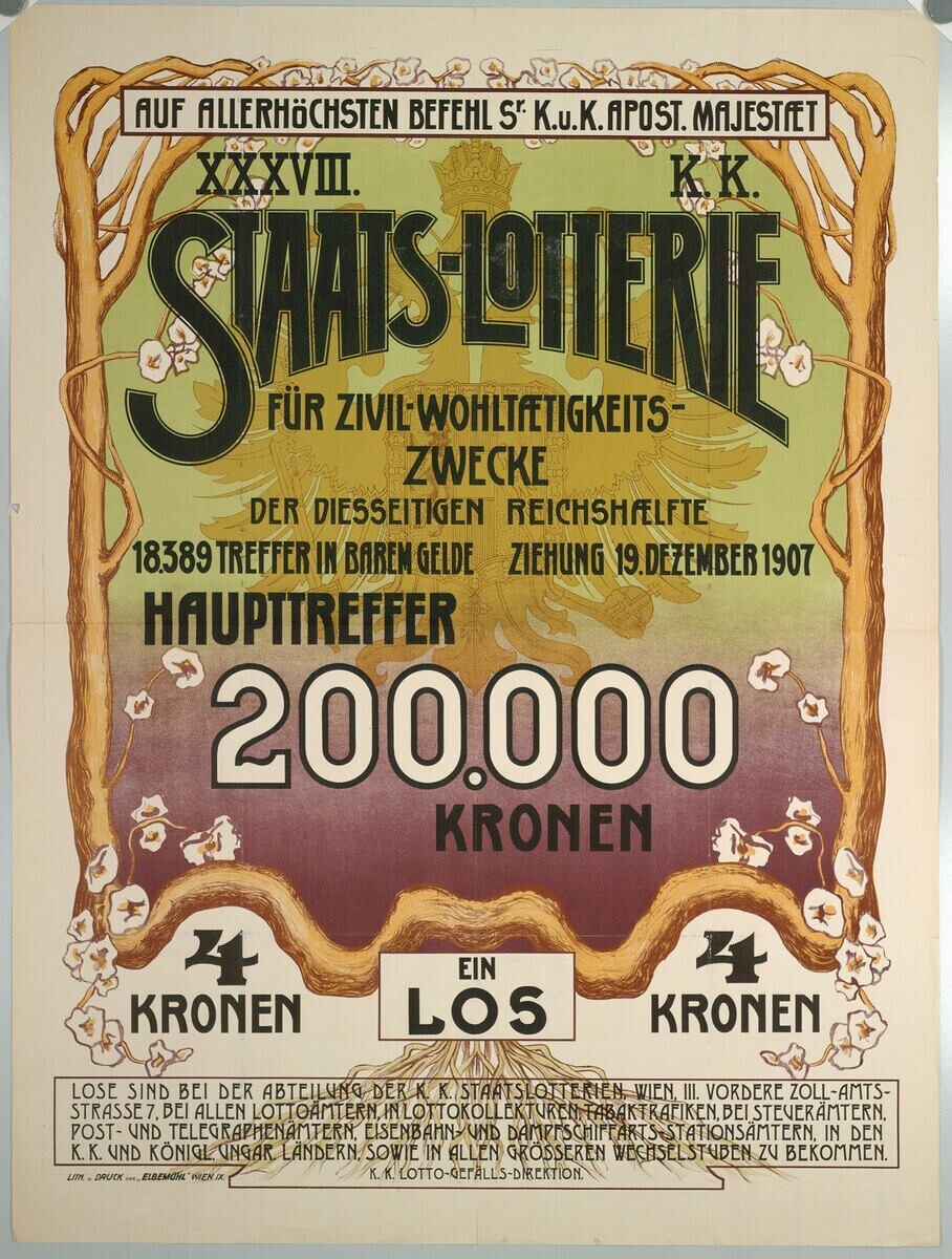 Plakat an einer Gebäudewand mit Währungsabbildungen und Text, wahrscheinlich für eine Lotteriewerbung
