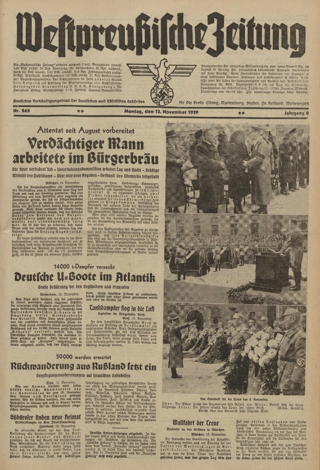 Schwarze-weisse Titelseite einer deutschen Zeitung vom 13. November 1939 mit der Uberschrift 'Weitpreubliche Zeitung' und einem Foto von Menschen in traditioneller deutscher Tracht in einer festlichen Umgebung.