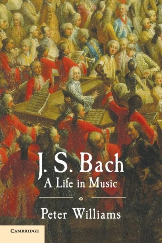 Plakat für "Ein Leben in Musik" von J.S. Bach mit einer Gruppe von Musikern, die Instrumente spielen, und dem Titel oben drauf.