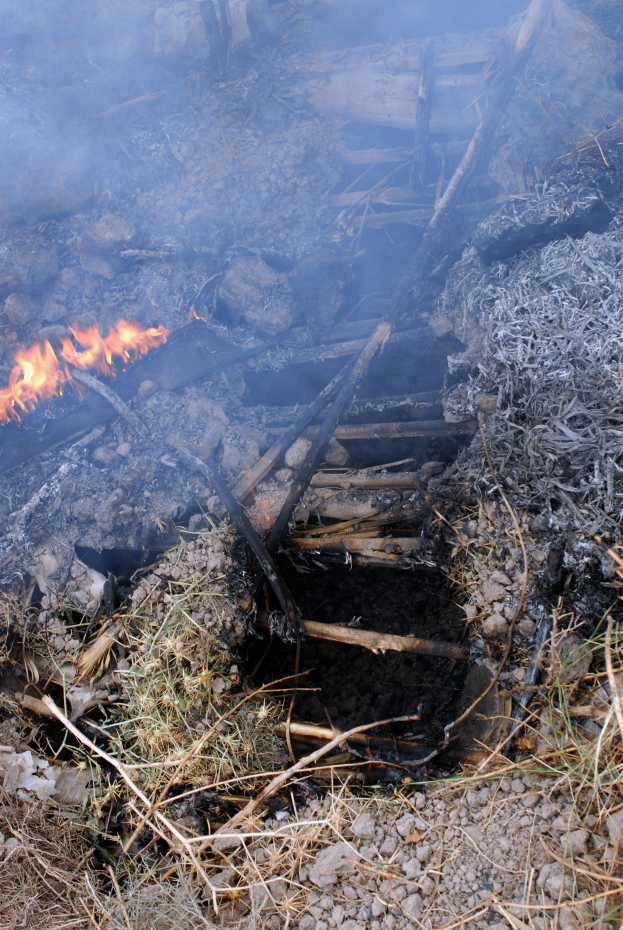 Ein Feuer brennt hell inmitten eines Schuttesfeldes, umgeben von Gras, Steinen und Holzstöcken, erhellt die Umgebung.