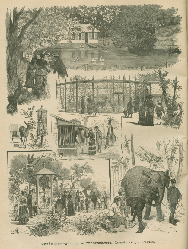Ein altes Illustration eines Zooszenario mit Menschen, Tieren, Bäumen, Häusern, einem Zaun und anderen Gegenständen, mit Text unten.