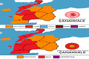 Eine Karte von Türkei, die in verschiedenen Farben dargestellt ist, um den prozentualen Anteil der Bevölkerung in jedem Gebiet zu zeigen, mit der Anzeige "Canakkale Wahlresultate 2018".