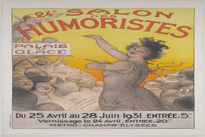 Plakat für den Salon des Humoristes in Paris mit einem Frauengesicht inmitten einer Menge und Veranstaltungstext.