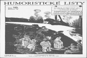 Eine Schwarz-Weiß-Zeichnung einer Gruppe von Menschen, die vor einem Zug stehen und nach oben schauen, mit dem Text "humoristische Listen 18" auf einem Blatt.