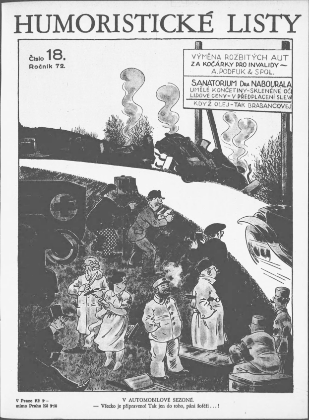 Eine Schwarz-Weiß-Zeichnung einer Gruppe von Menschen, die vor einem Zug stehen und nach oben schauen, mit dem Text "humoristische Listen 18" auf einem Blatt.