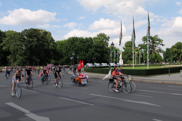 Menschen auf Fahrrädern auf einer von Bäumen gesäumten Straße mit Laternenmasten und Flaggenmasten während der Paris Bike Ride 2016, mit Fahrzeugen und bewölktem Himmel im Hintergrund.