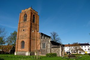Eine grüne Fläche mit einem Mast, umgeben von Gebäuden und Bäumen.