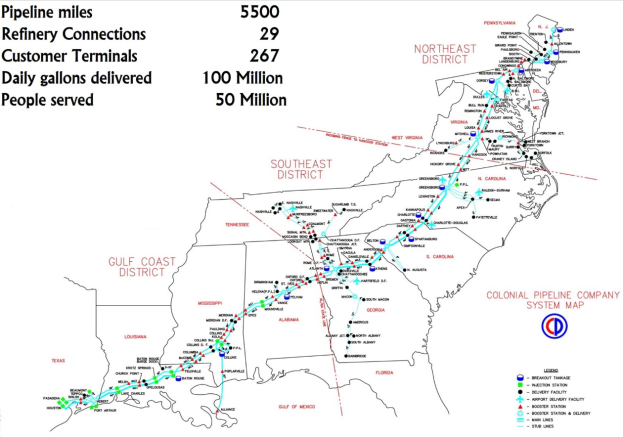 Detailkarte des Gulf Coast Pipeline Systems mit Pipeline-Routen, -Verbindungen, Städten und erklärendem Text.