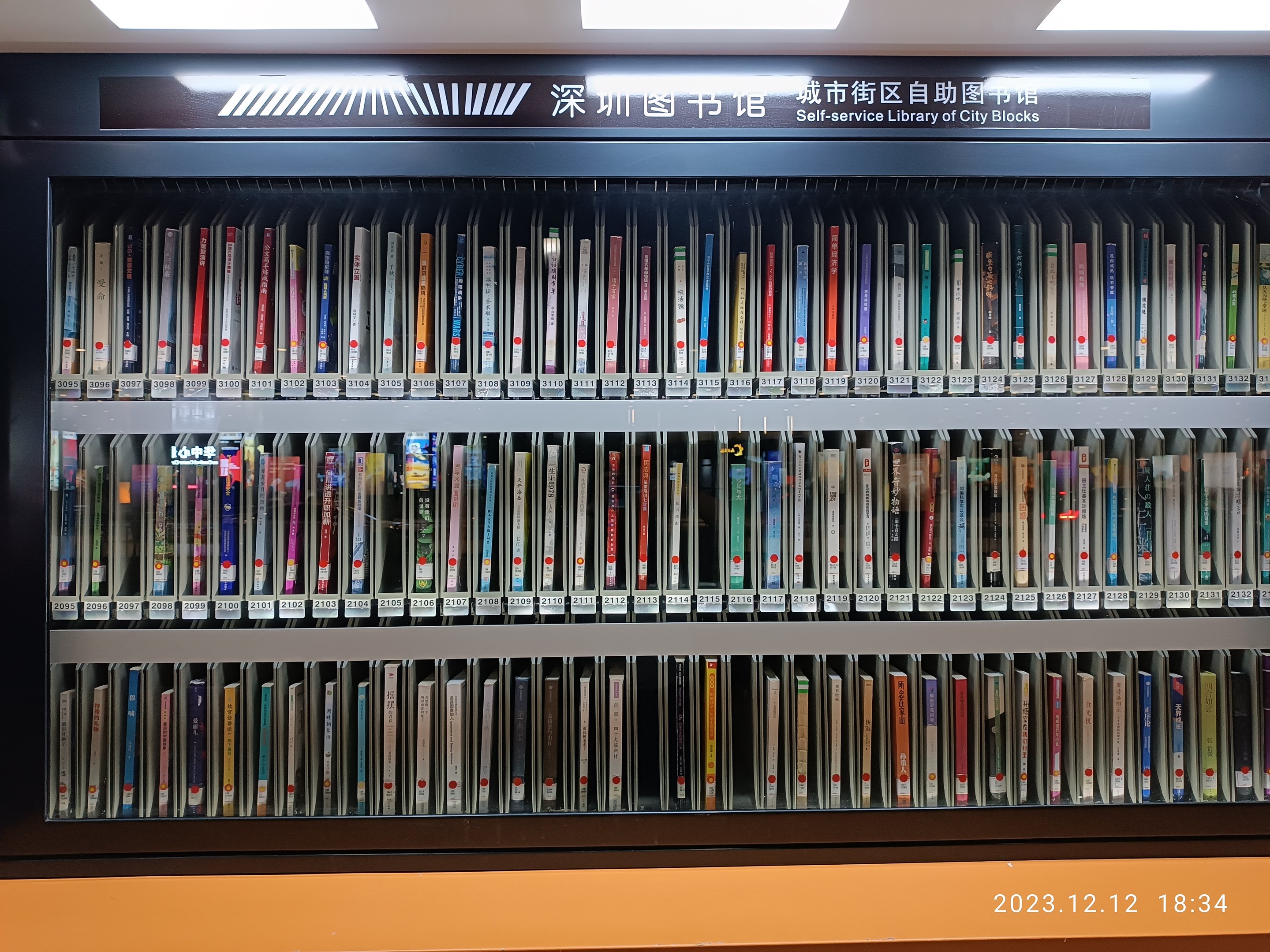 Eine geräumige Bibliothek mit hohen Bücherregalen voller Bücher, beleuchtet von Deckenlampen, mit einer Texttafel und einem Wasserzeichen unten.