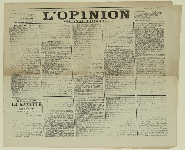 Alte Zeitung mit dem Titel 'L'opinion' mit vergilbten Seiten und schwarzer Tinte, Headline prominent dargestellt.