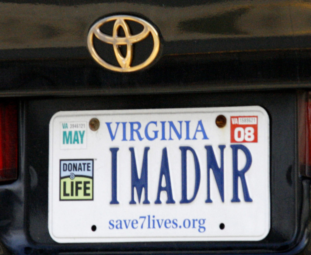 Ein Fahrzeuzeichen und ein Nummernschild mit Zahlen und Wörtern darauf.