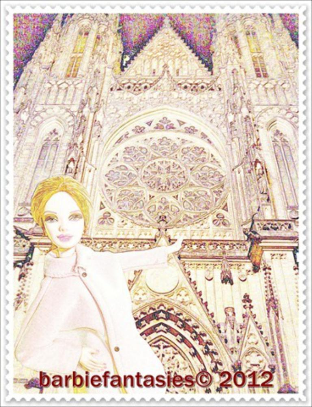 Eine Briefmarke mit einer Frau und einem Geb├Ąude mit begleitendem Text.