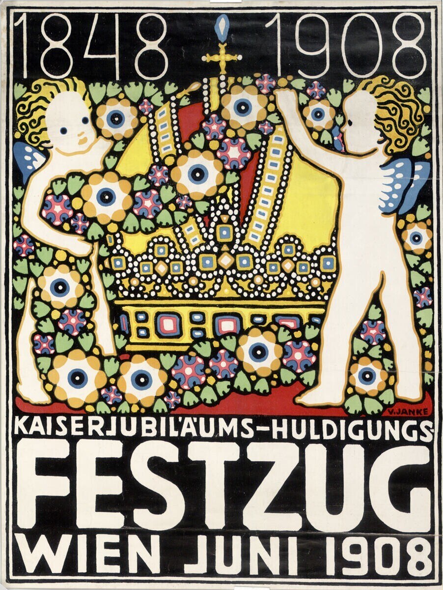 Plakat, das ein Festival in Wien, Österreich, ankündigt, mit einem Gemälde von einem Jungen und einem Mädchen, die nebeneinander stehen und sich gegenseitig umarmen, sowie Text, der Festivalinformationen enthält.