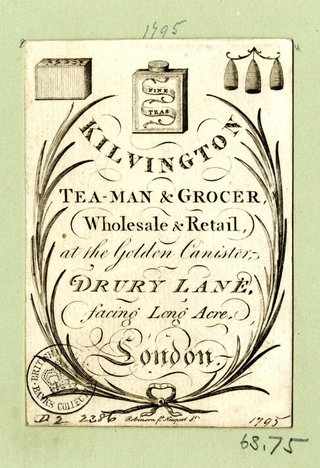 Schwarze und Weiße Werbung für Kilvington Tea-Man & Grocer, einen Groß- und Einzelhandelsbetrieb, mit Text, der seine Angebote beschreibt.